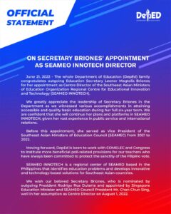On Secretary Briones’ Appointment as SEAMEO INNOTECH Director