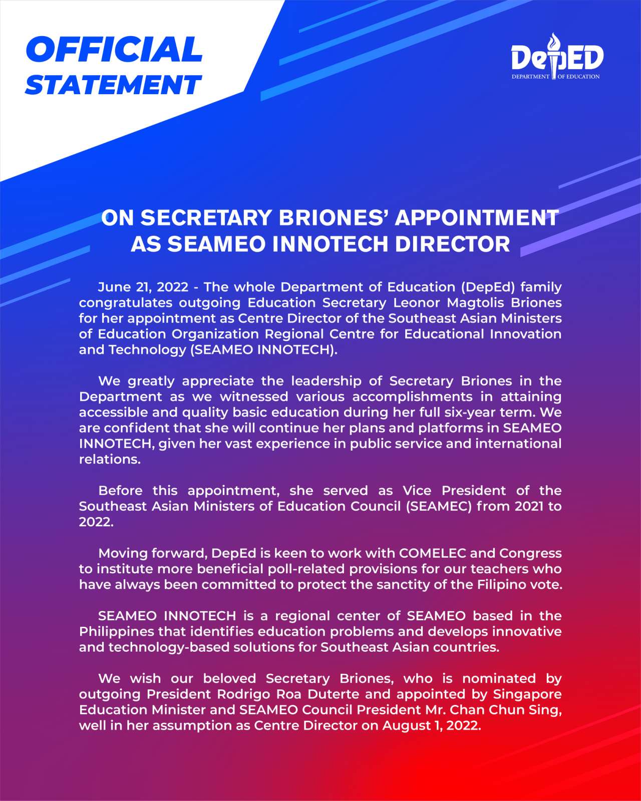 On Secretary Briones’ Appointment as SEAMEO INNOTECH Director