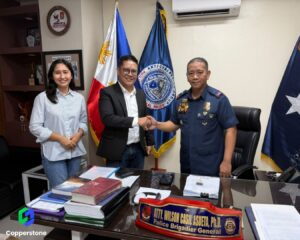 In photo (R-L): Copperstone Lending PR Manager Mhid Navarro, CEO David Balamon, and PNP-ACG Director Atty. Wilson Casil Asueta, Ph.D.